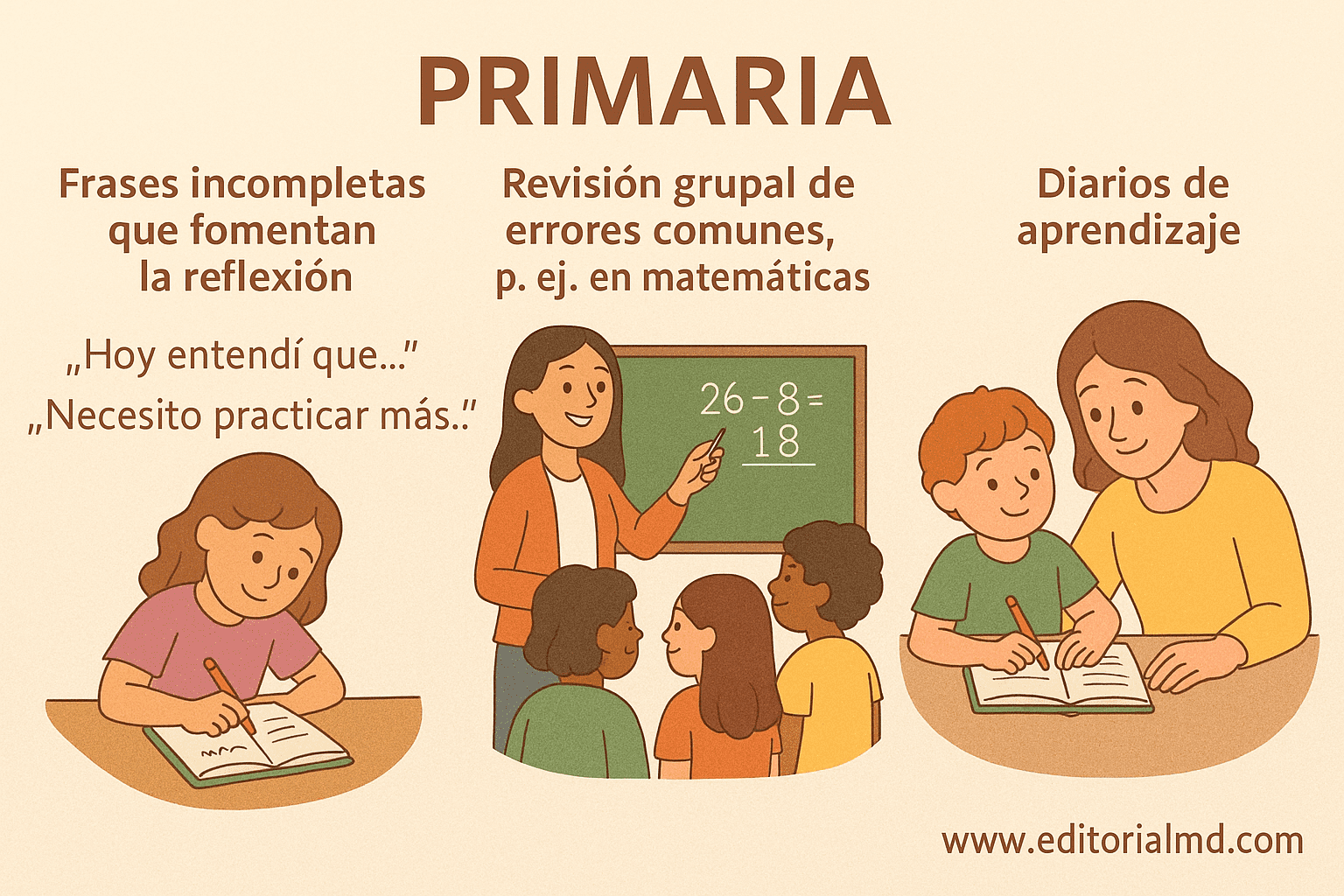 Evaluación Formativa en la Nueva Escuela Mexicana: Concepto, Dimensiones y Práctica Docente 7 Ilustración que muestra tres estrategias de aprendizaje de la escuela primaria de la Nueva Escuela Mexicana: completar oraciones reflexivas, revisión de errores en grupo en matemáticas con un maestro en el pizarrón y estudiantes escribiendo diarios de aprendizaje.
