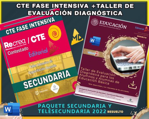 Imagen promocional de un Paquete CTE RECREA Fase Intensiva + Taller de Evaluación Diagnóstica (Secundaria y Telesecundaria) 2022-2023. Incluye dos portadas de libros e íconos para documentos de Word. Los libros tienen diseños coloridos y detallados con temas educativos.