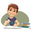 Ilustración de un niño sonriente con cabello castaño, vestido con una camisa azul con la letra "A", sosteniendo un lápiz y escribiendo en un cuaderno abierto. Hay una pila de tres libros a su lado, probablemente para su Paquete de solicitudes para primer grado de primaria, y un óvalo de fondo verde detrás de él.