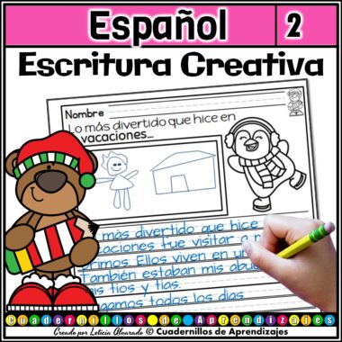 Involucre a los estudiantes más jóvenes con nuestra vibrante hoja de trabajo educativa, "Escritura creativa temas invierno segundo grado primaria". Este recurso de escritura creativa en español para estudiantes de segundo grado presenta animales de dibujos animados junto a la mano de un niño que sostiene un lápiz mientras compone emocionantes historias de vacaciones. También incluye un espacio designado para que los estudiantes escriban sus nombres.