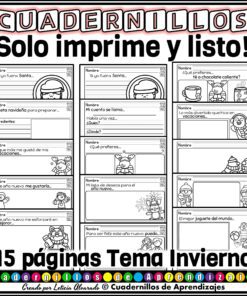 Fichas de escritura creativa con temática invernal para Segundo Grado Primaria, con secciones para completar, ilustraciones de escenas invernales y sugerencias de escritura creativa. Parte de la colección 