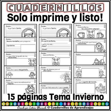 Fichas de escritura creativa con temática invernal para Segundo Grado Primaria, con secciones para completar, ilustraciones de escenas invernales y sugerencias de escritura creativa. Parte de la colección "Cuadernillos: ¡Solo imprime y listo!" con 15 páginas disponibles. Nombre del producto: Escritura Creativa Temas Invierno Segundo Grado Primaria.