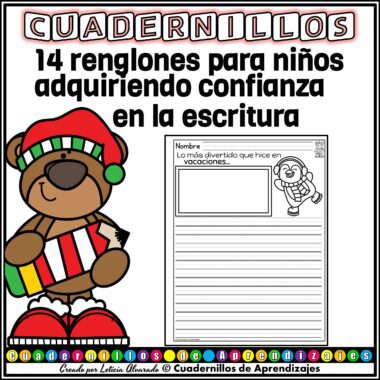 Portada ilustrada de un cuaderno de escritura infantil en español titulado "Escritura Creativa Temas Invierno Segundo Grado Primaria". Presenta un oso vestido con ropa de invierno, que encarna el tema "Temas Invierno" mientras sostiene un libro. Texto: "14 renglones para niños adquiriendo confianza en la escritura." Se muestra una página rayada con un dibujo de un osito de peluche.