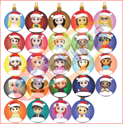 Un conjunto de 24 Esferas De Detallitos Para Personalizar, cada una con un personaje de dibujos animados con sombreros festivos, mostrados en una cuadrícula con un fondo nevado claro.