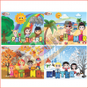 Oración con nombre de producto: Láminas De Las Estaciones Español E Inglés que representan cuatro estaciones con personajes de dibujos animados participando en actividades estacionales; primavera con árboles en flor, escena de playa de verano, otoño con hojas cayendo y un paisaje nevado de invierno.