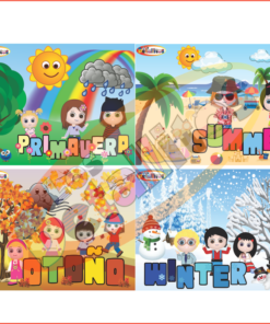 Oración con nombre de producto: Láminas De Las Estaciones Español E Inglés que representan cuatro estaciones con personajes de dibujos animados participando en actividades estacionales; primavera con árboles en flor, escena de playa de verano, otoño con hojas cayendo y un paisaje nevado de invierno.