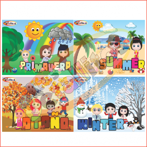 Oración con nombre de producto: Láminas De Las Estaciones Español E Inglés que representan cuatro estaciones con personajes de dibujos animados participando en actividades estacionales; primavera con árboles en flor, escena de playa de verano, otoño con hojas cayendo y un paisaje nevado de invierno.