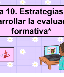 Un niño sentado en un escritorio levanta la mano mientras mira a una mujer en una computadora portátil. El fondo morado con flores blancas dice: 