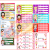Una colección de Etiquetas Libros Niñas Para Personalizar coloridas e ilustradas que presentan diversas niñas en caricatura con diferentes vestidos y uniformes, diseñadas para personalizar con secciones etiquetadas para nombre, grupo y asignatura.