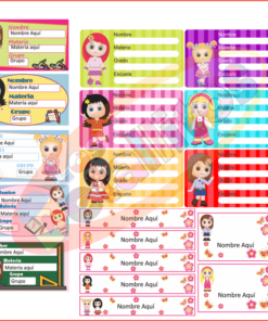 Una colección de Etiquetas Libros Niñas Para Personalizar coloridas e ilustradas que presentan diversas niñas en caricatura con diferentes vestidos y uniformes, diseñadas para personalizar con secciones etiquetadas para nombre, grupo y asignatura.