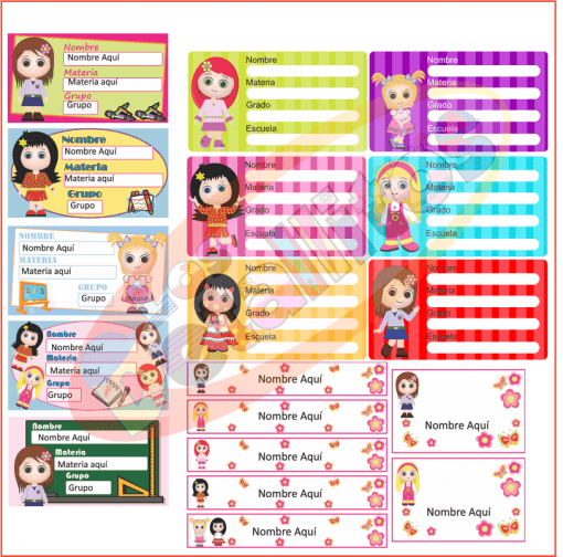 Una colección de Etiquetas Libros Niñas Para Personalizar coloridas e ilustradas que presentan diversas niñas en caricatura con diferentes vestidos y uniformes, diseñadas para personalizar con secciones etiquetadas para nombre, grupo y asignatura.