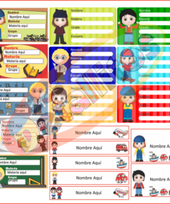 Colección colorida de Etiquetas Libros Niños Para Personalizar con niños en uniforme, presentados en diversas poses y con fondos de patrones rayados y colores sólidos.