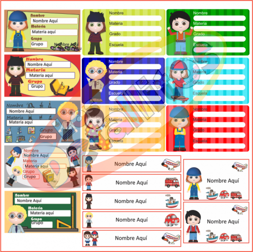Colección colorida de Etiquetas Libros Niños Para Personalizar con niños en uniforme, presentados en diversas poses y con fondos de patrones rayados y colores sólidos.