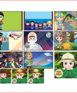 Un collage de varias escenas de dibujos animados coloridas con diferentes personajes, actividades y escenarios, como exploración espacial, una pista de carreras y aventuras en la jungla, perfecto para personalizar Etiquetas Regalo Niño Para Personalizar para niños.