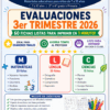 Cartel educativo a todo color para "El Rincón del Cole" anunciando las fichas de evaluación del 3er trimestre de 2026 para niños de 7 a 10 años, que abarcan matemáticas, lengua y ciencias con iconos y listas de temas para cada asignatura.