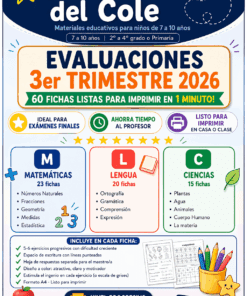 Cartel educativo a todo color para "El Rincón del Cole" anunciando las fichas de evaluación del 3er trimestre de 2026 para niños de 7 a 10 años, que abarcan matemáticas, lengua y ciencias con iconos y listas de temas para cada asignatura.