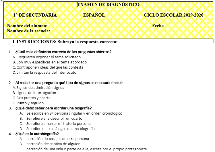 Exámenes de diagnostico Español 1°, 2° Y 3° De Secundaria