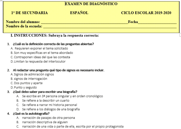 Exámenes de diagnostico Español 1°, 2° Y 3° De Secundaria