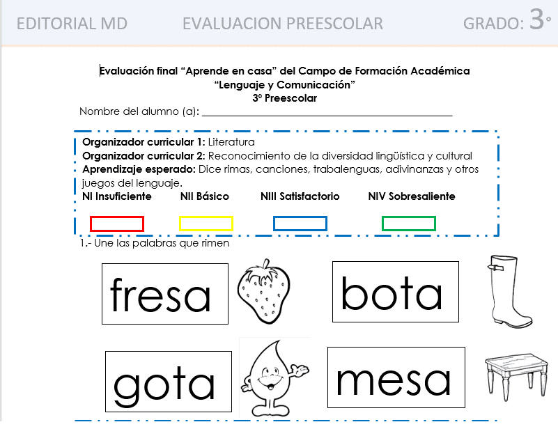 examen evaluacion aprende en casa preescolar