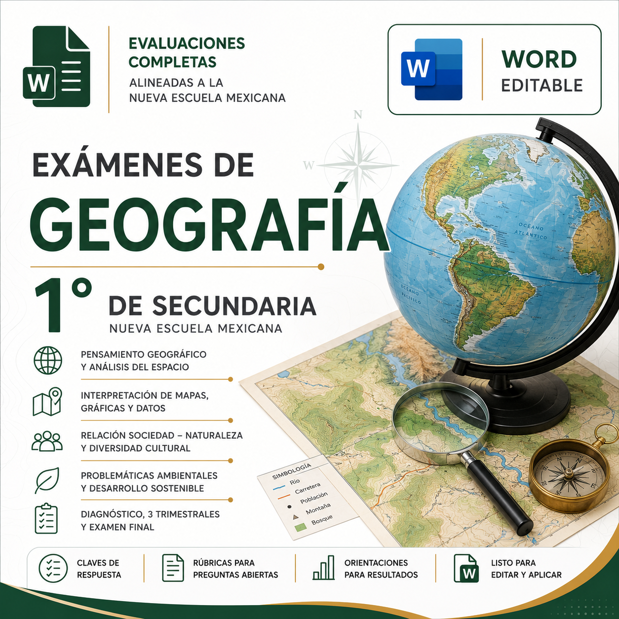 Exámenes de Geografía 1° de Secundaria NEM 2026-2027 Word Editable | Diagnóstico, Trimestrales y Final 1 Exámenes de Geografía 1° de Secundaria NEM 2026-2027 Word Editable | Diagnóstico, Trimestrales y Final