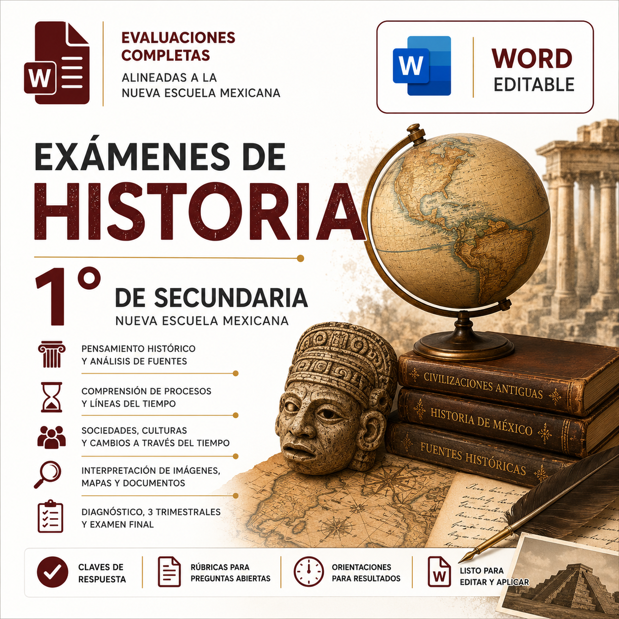 Exámenes de Historia 1° de Secundaria NEM 2026-2027 Word Editable | Diagnóstico, Trimestrales y Final 1 Exámenes de Historia 1° de Secundaria NEM 2026-2027 Word Editable | Diagnóstico, Trimestrales y Final