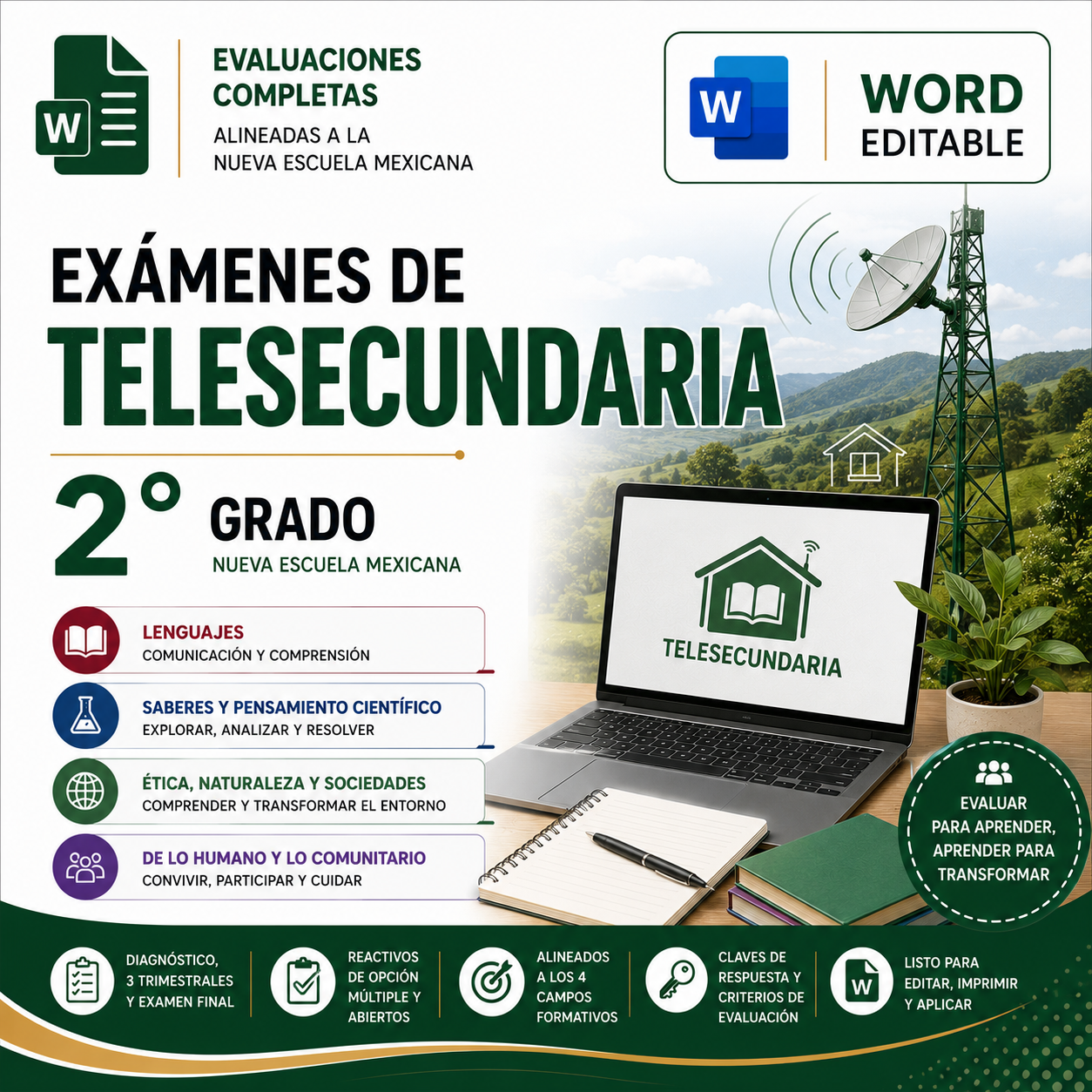 Exámenes de Telesecundaria 2° Grado NEM 2026-2027 Word Editable | Diagnóstico, Trimestrales y Final 1 Exámenes de Telesecundaria 2° Grado NEM 2026-2027 Word Editable | Diagnóstico, Trimestrales y Final