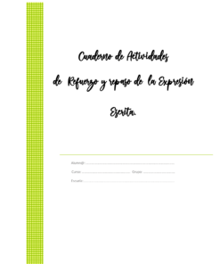 Portada de un cuaderno de trabajo Cuaderno de repaso de Expresión Escrita con espacio para el nombre del estudiante, el grupo y los detalles de la escuela. Decorado con una cenefa de lunares verdes en el lado izquierdo.