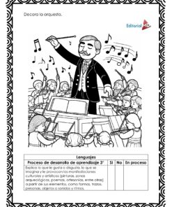 El Cuadernillo de Trabajo La Orquesta para Preescolar presenta una página para colorear en blanco y negro de un director de orquesta con niños que tocan violines, flautas, violonchelos y trompetas, además de un borde decorativo y un texto educativo debajo de la ilustración.