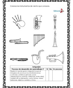 Planeación La Orquesta para Preescolar: Hoja en blanco y negro con instrumentos de viento (trompeta, tuba, flauta de pan, clarinete, saxofón y trompa) para colorear. Incluye instrucciones en español y tabla del proceso de aprendizaje.