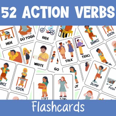 Una colorida colección de tarjetas con la etiqueta "52 verbos de acción" en la parte superior, con ilustraciones de diversas acciones como esconderse, montar, cocinar, escribir, hablar, bailar, sentarse, saltar y comprar. El texto "Flashcards" está en la parte inferior.