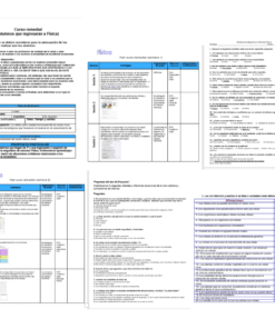 Collage de capturas de pantalla de varios documentos digitales, incluidos textos y tablas, principalmente en español, probablemente contenido educativo o instructivo relacionado con un Curso Remedial Física.