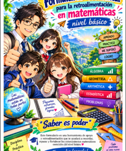 Estudiantes sonrientes con libros y material escolar levantan el pulgar; los textos y los iconos promocionan un formulario de comentarios sobre matemáticas.