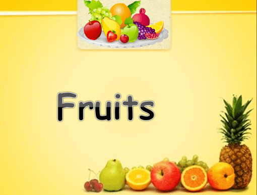 Una colorida exhibición de frutas variadas con "Recurso de clase: Animales y frutas" escrito en el centro sobre un fondo amarillo. Incluye piña, manzanas, peras, naranjas y bayas.
