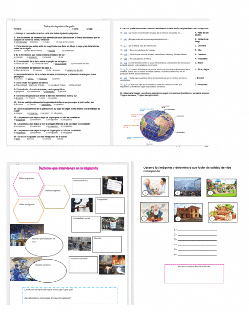 Material educativo que incluye descripciones de texto, imágenes relacionadas con el Curso Remedial Geografía, diagramas de flujo y viñetas para facilitar el aprendizaje en el aula o en un entorno de estudio.