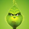 Sobre un fondo verde se representa un personaje verde con expresión de mal humor y pelo puntiagudo peinado hacia arriba. El texto en la parte superior dice "Cara del Grinch en reposo" y en la parte inferior "Illumination presenta El Grinch del Dr. Seuss". Una hoja de trabajo de película: El Grinch acompaña esta caprichosa ilustración.