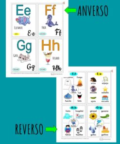 Mis Tarjetas del abecedario, en español para el alfabeto español con letras E-H, que muestra imágenes y palabras en un lado y referencias de solo palabras en el otro, resaltadas por una flecha verde que indica 