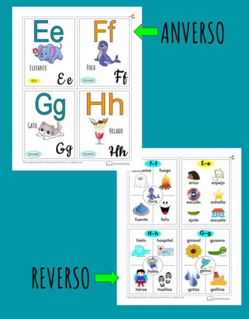 Mis Tarjetas del abecedario, en español para el alfabeto español con letras E-H, que muestra imágenes y palabras en un lado y referencias de solo palabras en el otro, resaltadas por una flecha verde que indica "Anverso" y "Reverso".