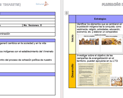 Un documento educativo en español que detalla los planes de lecciones. La página de la izquierda incluye secciones sobre información general, expectativas de aprendizaje y problemas/preguntas. La página derecha se enfoca en la enseñanza de la historia, delineando estrategias, organización, recursos como Planeación Historia 2° NEM (Nueva Escuela Mexicana) Primer Trimestre y tipos de evaluación para una planeación efectiva.
