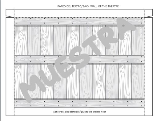 Un diagrama en blanco y negro de una pieza de teatro con la etiqueta "PARED DEL TEATRO/BACK WALL OF THE THEATRE". Muestra una estructura de pared trasera de madera con tres vigas de soporte horizontales. El texto "MUESTRA" está superpuesto en el diagrama. Las instrucciones en la parte inferior dicen "Adhiere al piso del teatro/pegamento al piso del teatro". Esto fácilmente podría ser parte del Teatro Guiñol Hogwarts.