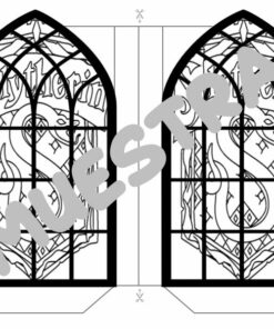 Ilustración en blanco y negro que presenta dos paneles que se asemejan a vidrieras, cada uno con una gran 