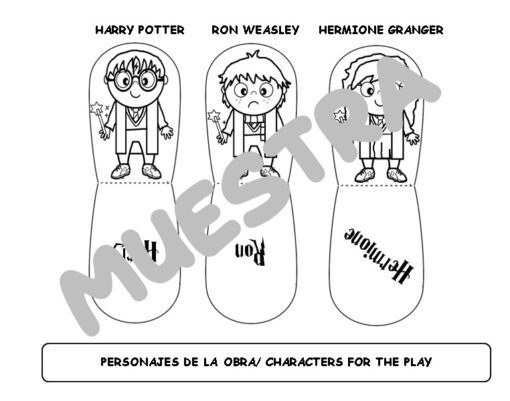 Tres personajes de dibujos animados de "Harry Potter" se muestran en plantillas recortables con las etiquetas "Harry Potter", "Ron Weasley" y "Hermione Granger". Los personajes, que sostienen varitas, tienen "MUESTRA" (muestra) escrito en la imagen. El texto inferior dice: "Personajes de la obra/Personajes para el Teatro Guiñol Hogwarts actúan en Hogwarts.