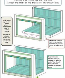 Un diagrama de instrucciones muestra cómo fijar el frente de un pequeño modelo del Teatro Guiñol Hogwarts al piso del escenario. El texto en español e inglés proporciona orientación con flechas que apuntan a las pestañas que deben pegarse. El teatro tiene colores azul claro y verde con un diseño de telón festoneado, que recuerda a una actuación mágica de guiñol.
