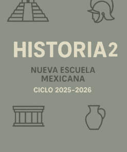 Portada de libro con el título "Historia 2, Nueva Escuela Mexicana, Ciclo 2025-2026" en español, con iconos minimalistas de una pirámide, un casco romano, un templo griego y una jarra de arcilla sobre fondo gris.