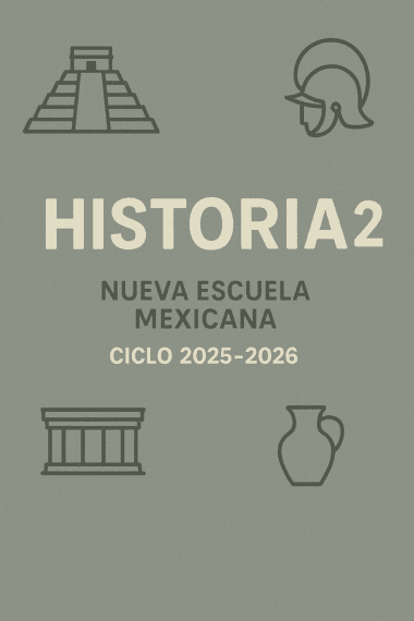 Portada de libro con el título "Historia 2, Nueva Escuela Mexicana, Ciclo 2025-2026" en español, con iconos minimalistas de una pirámide, un casco romano, un templo griego y una jarra de arcilla sobre fondo gris.