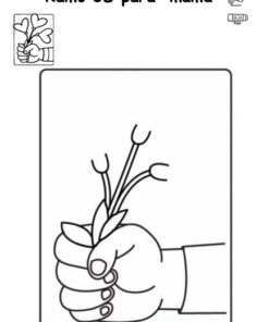 Página para colorear en blanco y negro con una mano sosteniendo tallos de flores, etiquetada 