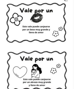 Dos ilustraciones de cupones en blanco y negro. El primer cupón tiene una flor y labios impresos, ofreciendo un beso. El segundo tiene un corazón y una familia abrazándose, ofreciendo un gran abrazo. Ambos están decorados con bordes ondulados y pequeñas flores.