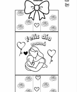 Página para colorear de una tarjeta del Día de la Madre con un gran lazo en la parte superior, rosas, corazones y globos. En el centro aparece escrito 