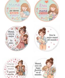 Seis ilustraciones redondas con dulces mensajes para las madres, cada una con una madre con uno o más hijos, corazones y adornos florales. El texto está en español y expresa gratitud y amor por las madres.