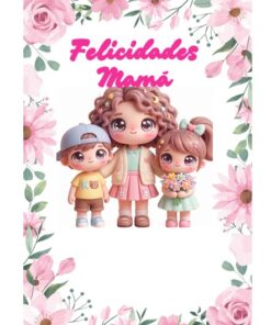 Dibujo de una madre sonriente con el pelo rizado, cogida de la mano de un niño y una niña, rodeada de flores rosas. El texto en español encima dice 