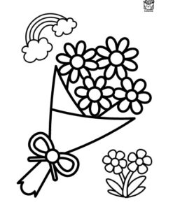 Página para colorear en blanco y negro que muestra un ramo de flores con un lazo, dos flores en el suelo, un arco iris con nubes y el texto 
